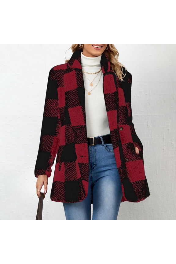 Women's Check Pattern Flannel Wool Coat With Pockets, Long Sleeves Lapel Buttons Jacket Red,Womens Plus S