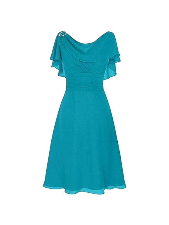 U Women's Chiffon A Line Wedding Gown with Ruffle Shoulder ,Elegant Cocktail Party Bridesmaid Dress Blue,Womens Plus L