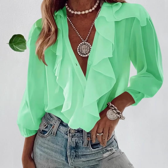 ClodeEU Women's Chiffon V Neck Long Sleeve Blouse with Ruffle Hem,Trendy Casual Shirt Mint Green,Womens Plus L