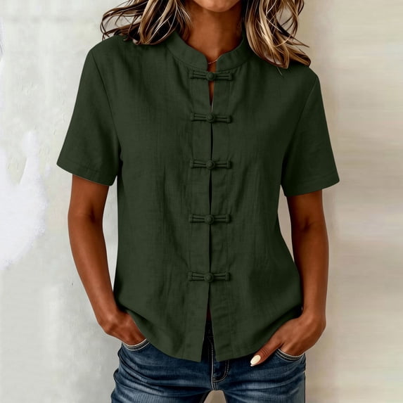 ClodeEU Women's Chinese Frog Button Stand Collar Short Sleeve Blouse,Solid Casual Summer Shirt Top Army Green,Women's Plus L