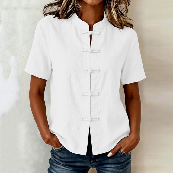 ClodeEU Women's Chinese Frog Button Stand Collar Short Sleeve Blouse,Solid Casual Summer Shirt Top White,Women's Plus S