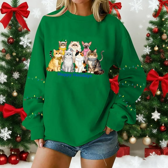 ClodeEU Women's Christmas Cat Print Sweatshirt ,Round Neck Print Long Sleeve Sweatshirt Top Green 01,Womens Plus XXL