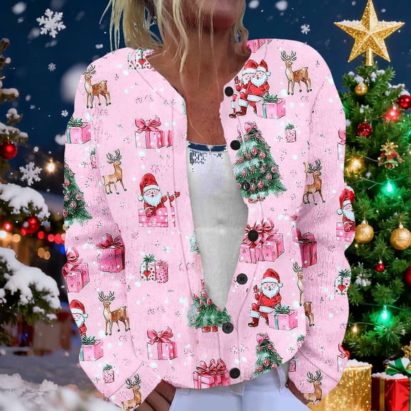 ClodeEU Women's Christmas Print Cardigan Sweatshirt,Long Sleeve Button Up Top Outerwear Pink #,Womens Plus XL