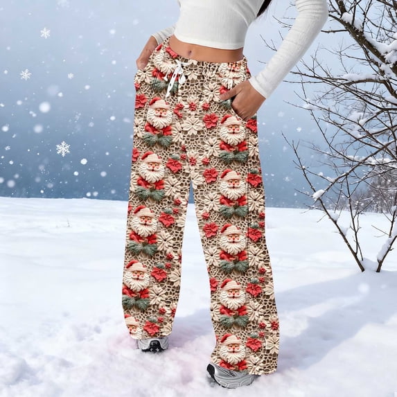 ClodeEU Women's Christmas Print Flannel Pants With Pockets ,Elastic Waist Pant With Drawstring ,Fashion Loose Pant Multicolor 03,Womens Plus L
