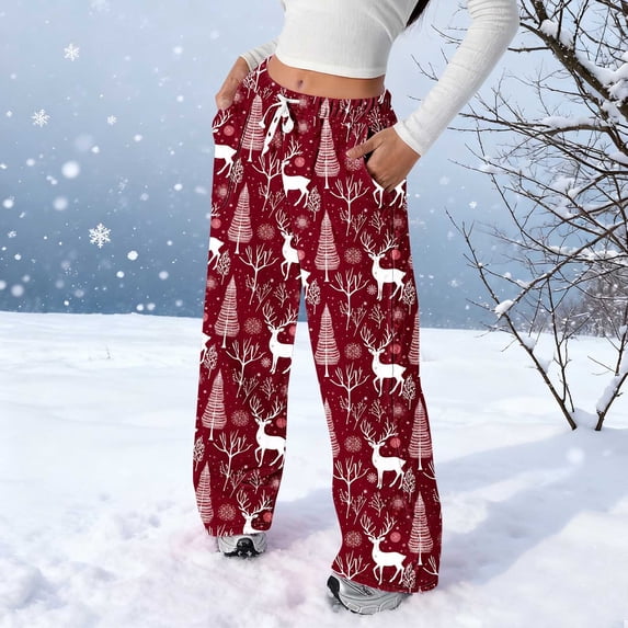 ClodeEU Women's Christmas Print Flannel Pants With Pockets ,Elastic Waist Pant With Drawstring ,Fashion Loose Pant Multicolor 04,Womens Plus S