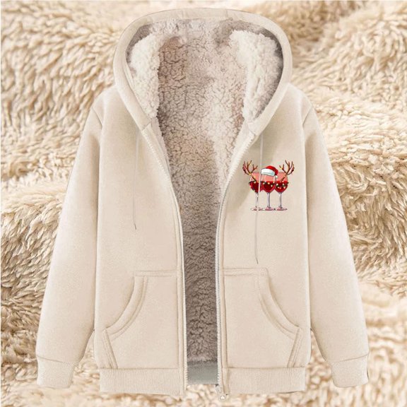 ClodeEU Women's Christmas Print Fleece Lined Hoodie Coat,Long Sleeve Casual Sweatshirts With Pockets B-White,Womens Plus L