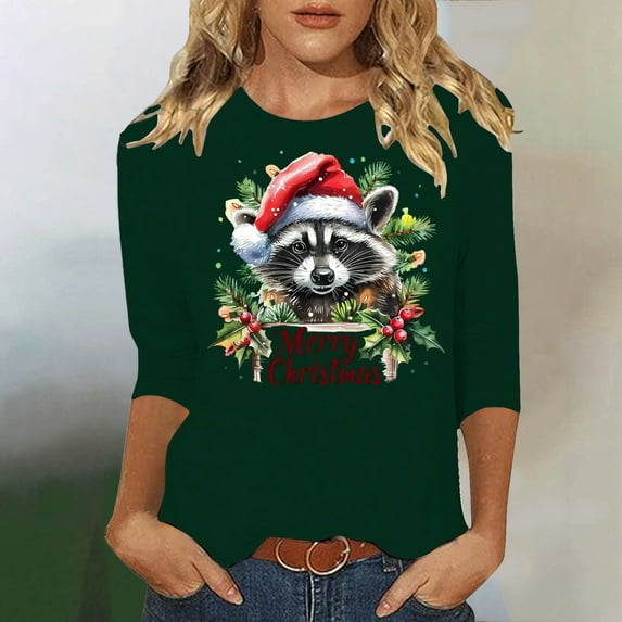 ClodeEU Women's Christmas Print Sweatshires,t Round Neck 3/4 Sleeve Blouse,Tunic Shirts Tops Green,Womens Plus XL