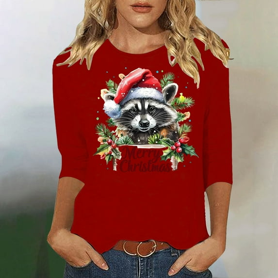 ClodeEU Women's Christmas Print Sweatshires,t Round Neck 3/4 Sleeve Blouse,Tunic Shirts Tops Red,Womens Plus XXXL