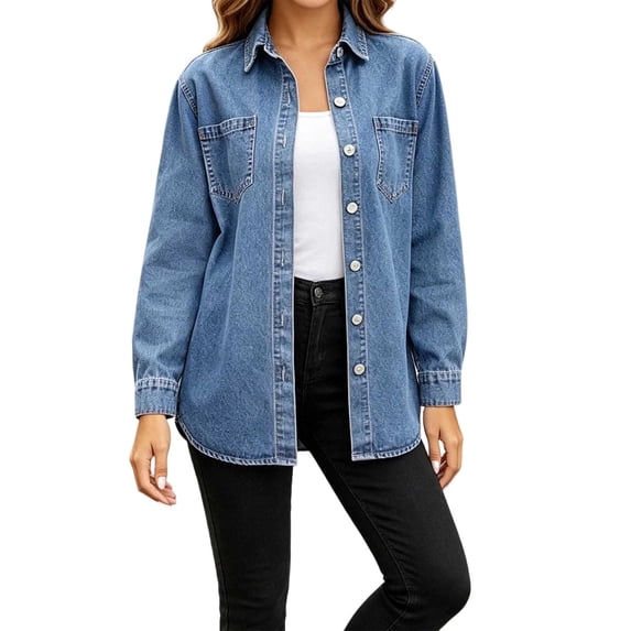 ClodeEU Women's Classic Button Down Denim Shirt Jacket,Casual Loose Jean Shacket ,Women's Plus L