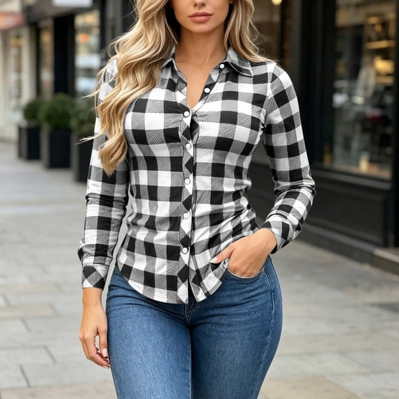 ClodeEU Women's Classic Plaid Button Down Long Sleeve Shirt,Casual Slim Blouse Black,Women's Plus L