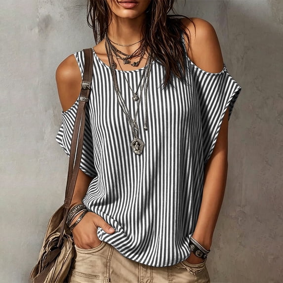 ClodeEU Women's Cold Shoulder Striped Blouse,Round Neck Short Sleeve T-Shirt for Summer Black,Women's Plus L