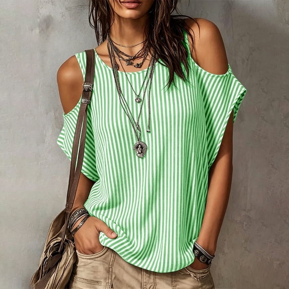 ClodeEU Women's Cold Shoulder Striped Blouse,Round Neck Short Sleeve T-Shirt for Summer Green,Women's Plus L