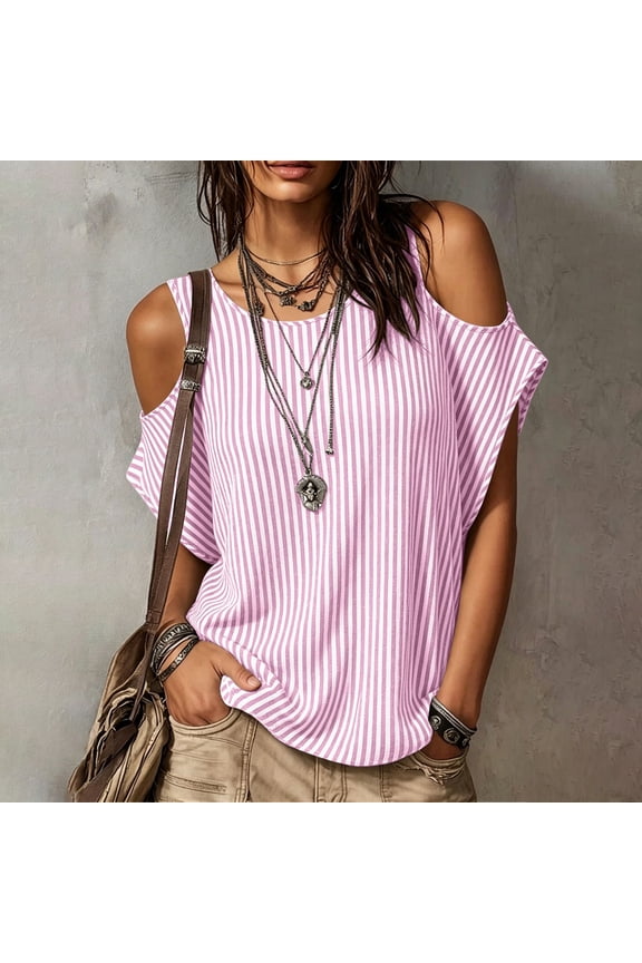 Women's Cold Shoulder Striped Blouse,Round Neck Short Sleeve T-Shirt for Summer Pink,Women's Plus XL