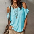thumbnail image 1 of ClodeEU Women's Cold Shoulder Striped Blouse,Round Neck Short Sleeve T-Shirt for Summer Sky Blue,Women's Plus M, 1 of 8