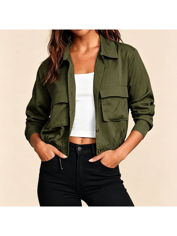 Women's Collared Button Down Long Sleeve Cargo Cropped Jacket,Casual Sport Coat with Pockets Army Green,Women's Plus L