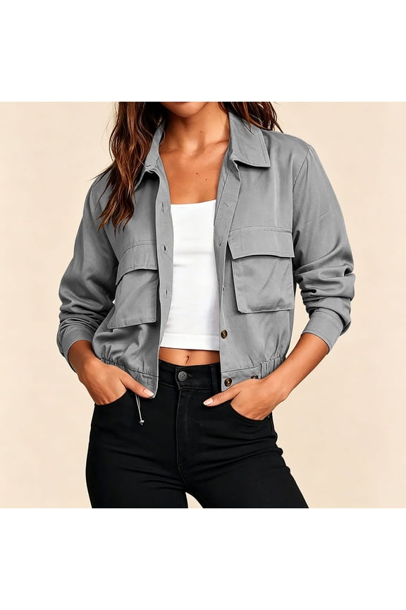 Women's Collared Button Down Long Sleeve Cargo Cropped Jacket,Casual Sport Coat with Pockets Gray,Women's Plus M