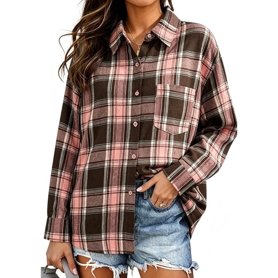 ClodeEU Women's Collared Button Down Long Sleeve Plaid Shirt,Casual Shacket with Chest Pocket ,Women's Plus L