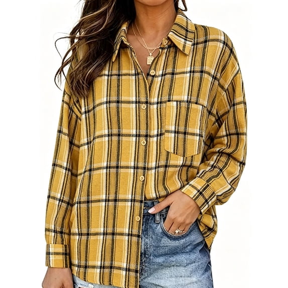 ClodeEU Women's Collared Button Down Long Sleeve Plaid Shirt,Casual Shacket with Chest Pocket ,Women's Plus L