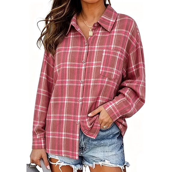 ClodeEU Women's Collared Button Down Long Sleeve Plaid Shirt,Casual Shacket with Chest Pocket ,Women's Plus M