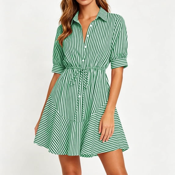 ClodeEU Women's Collared Button Down Short Sleeve Shirt Dress,Casual Cinched Waist A Line Mini Dress Green,Women's Plus S