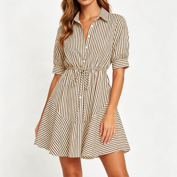 ClodeEU Women's Collared Button Down Short Sleeve Shirt Dress,Casual Cinched Waist A Line Mini Dress Khaki,Women's Plus S