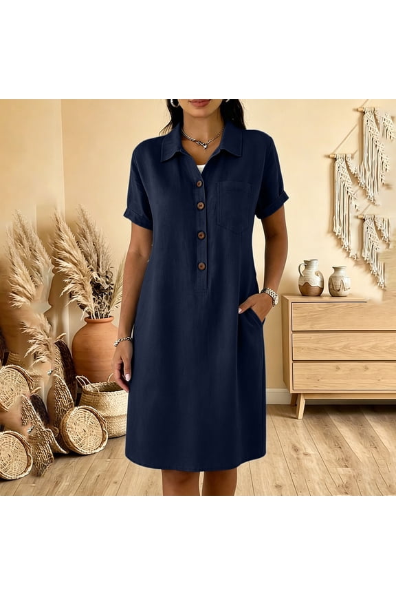 Women's Collared Half Button Short Sleeve Knee Length Dress with Pockets,Casual Summer Dress Navy,Women's Plus M