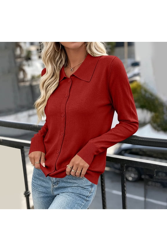 Women's Collared Long Sleeve Button Down Knit Cardigan,Lightweight Sweater Jacket Red,Women's Plus M