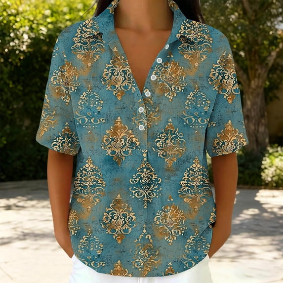 ClodeEU Women's Collared Print Short Sleeve V Neck Blouse,Casual Loose Fit Top Army Green,Women's Plus XL
