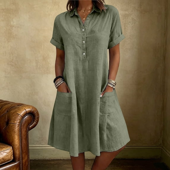 ClodeEU Women's Collared Short Sleeve Shirt Dress,Casual Button Front Ruffle Hem A-Line Dress with Pockets Army Green,Women's Plus L
