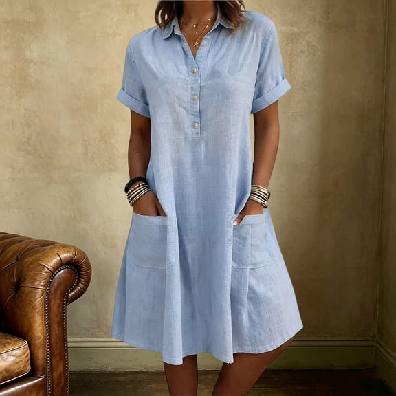 ClodeEU Women's Collared Short Sleeve Shirt Dress,Casual Button Front Ruffle Hem A-Line Dress with Pockets Light Blue,Women's Plus L