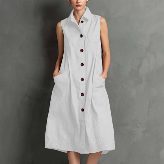 ClodeEU Women's Collared Sleeveless Button Down Linen Midi Dress,Casual Sundress with Pockets White,Women's Plus XL