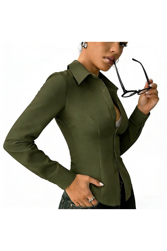 Women's Collared V Neck Flare Long Sleeve Button Down Blouse,Solid Color Slim Fit Casual Work Shirt Army Green,Women's Plus XXL