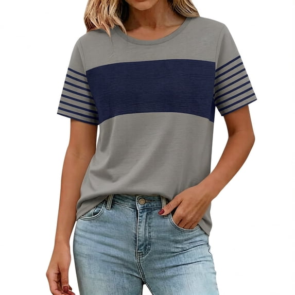 ClodeEU Women's Color Block Crew Neck Short Sleeve T-Shirt,Casual Loose Fit Tee Dark Gray,Women's Plus XXL