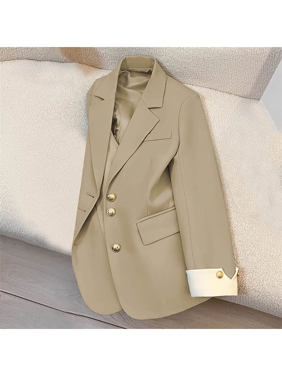 Women's Color Block Cuff Blazer Jacket, Casual Long Sleeve Open Front Suit Coat, Business Outerwear Khaki,Womens Plus XL