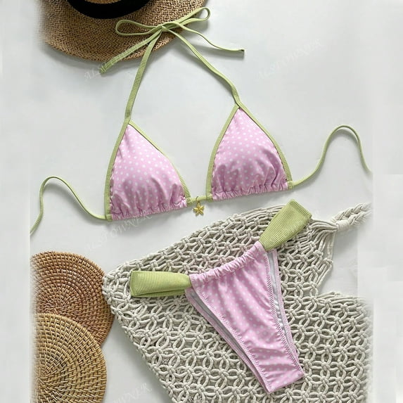 ClodeEU Women's Color Block Triangle Bikini Set,Halter Tie Two-Piece Swimsuit,Low Waist Thong Bathing Suit Pink,Womens Plus S