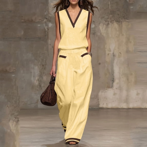 ClodeEU Women's Color Block V Neck 2-Piece Outfit,Casual Summer Sleeveless Top and Wide Leg Pants Set Yellow,Women's Plus L