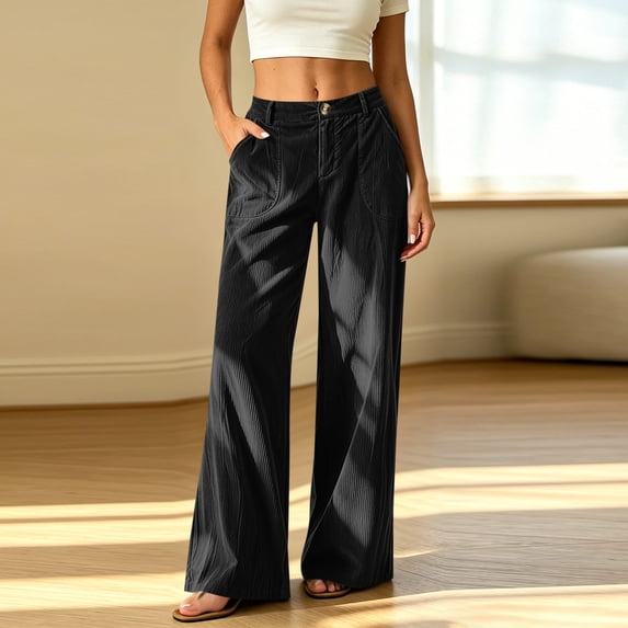 ClodeEU Women's Corduroy Button Elastic Waist Wide Leg Pants with Pockets，Solid Color Casual Loose Trousers ,Women's Plus L