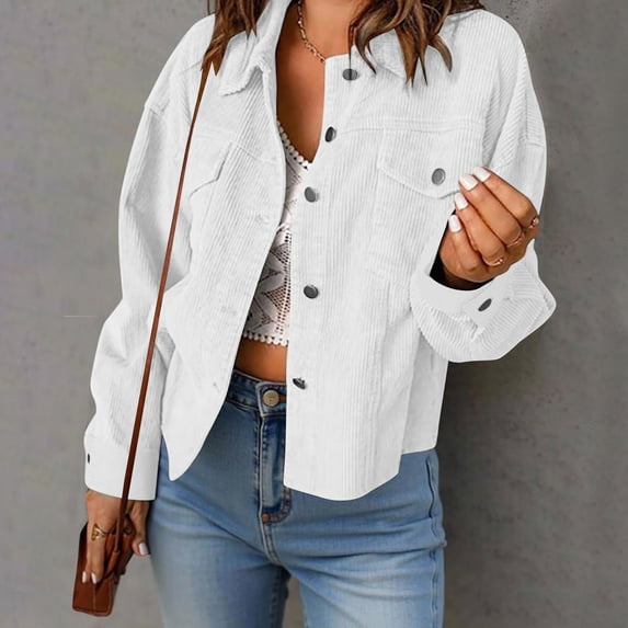 ClodeEU Women's Corduroy Jacket ,Lapel Button Long Sleeve Jacke,Fall Loose Casual Trendy Jacket White,Womens Plus L