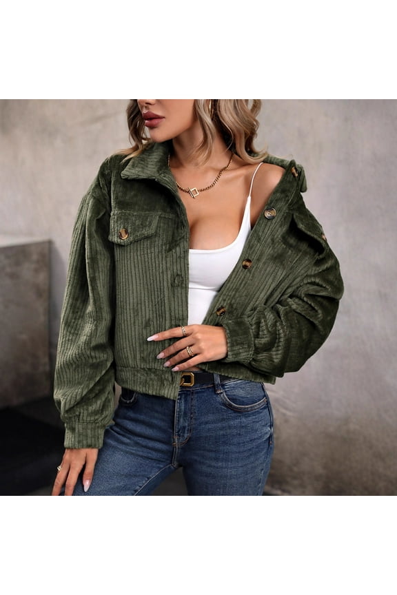 Women's Corduroy Jackets,Button Down Tops,Long Sleeve Crop Jacket with Pockets Army Green,Womens Plus M