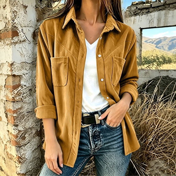 ClodeEU Women's Corduroy Long Sleeve Button Shirt Jacket,Casual Loose Fit Fall Outerwear ,Women's Plus L