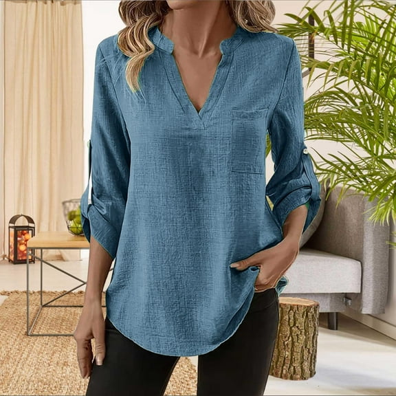 ClodeEU Women's Cotton-Linen Blend V Neck 3/4 Sleeve Blouse Tops ,Casual Pleated Button Down Shirts Light Blue,Womens Plus M