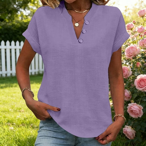 ClodeEU Women's Cotton Linen Blend V Neck Loose Fit Short Sleeve Tee, Fashion Casual Tunic Tops Purple,Womens Plus XXXL