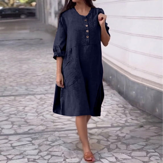 ClodeEU Women's Cotton Linen Round Neck Long Sleeve Button Front Dress with Pockets Navy,Womens Plus XL