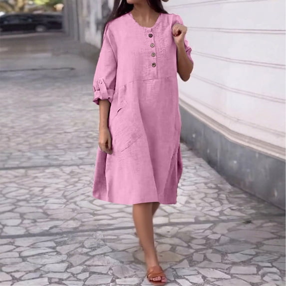 ClodeEU Women's Cotton Linen Round Neck Long Sleeve Button Front Dress with Pockets Pink,Womens Plus M