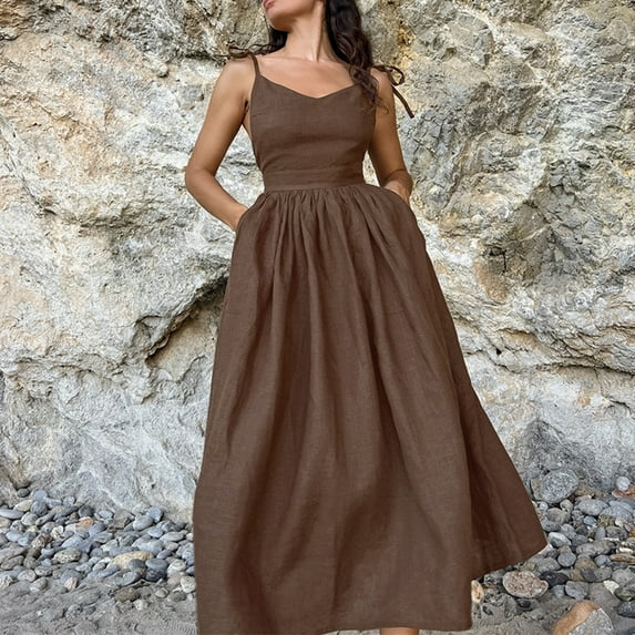 ClodeEU Women's Cotton V Neck Spaghetti Strap Maxi Dress ,Elegant Casual Long Dress with Backless Lace-Up for Summer Coffee,Womens Plus L