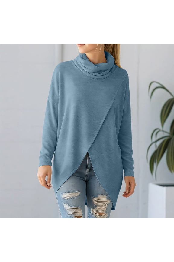 Women's Cowl Neck Long Sleeve Sweatshirts ,Fall Fashion Lightweight Pullovers Blue,Womens Plus XL