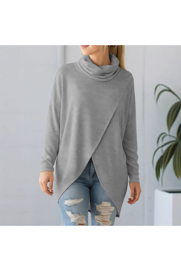 Women's Cowl Neck Long Sleeve Sweatshirts ,Fall Fashion Lightweight Pullovers Gray,Womens Plus S