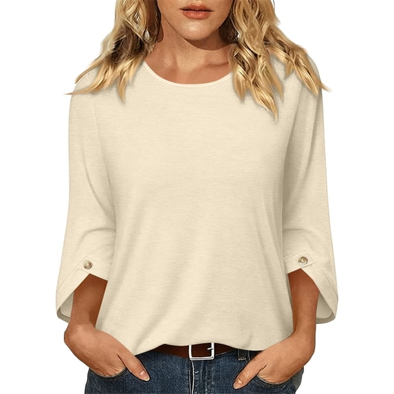 ClodeEU Women's Crew Neck 3/4 Sleeve Blouse,Solid Casual Loose Fit Basic Top Beige,Women's Plus L