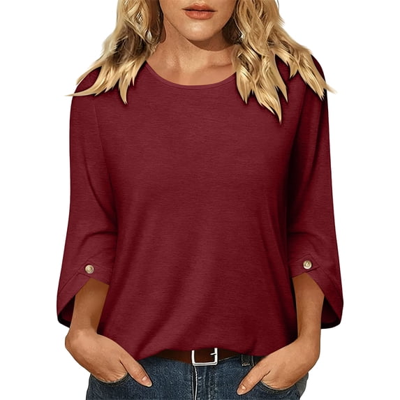 ClodeEU Women's Crew Neck 3/4 Sleeve Blouse,Solid Casual Loose Fit Basic Top Wine,Women's Plus L