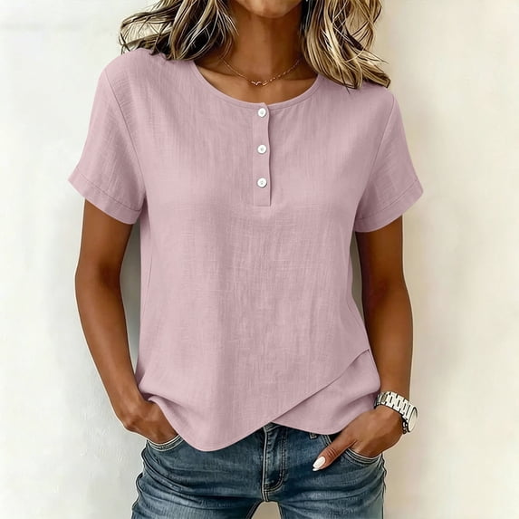 ClodeEU Women's Crew Neck Button Short Sleeve T-shirt,Solid Color Casual Loose Top Pink,Women's Plus L